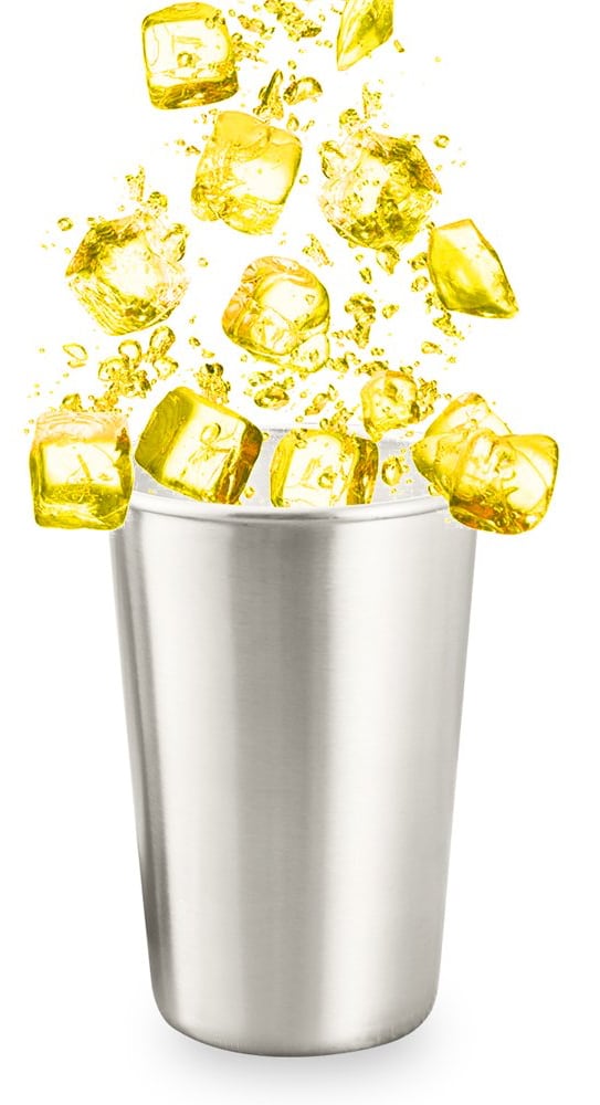 Produits inox: verre en inox gris avec des glaçons jaunes au dessus 